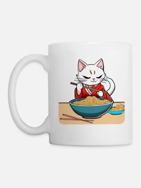 Niedliche asiatische Katze und Ramen Nudeln - Tasse - Weiß
