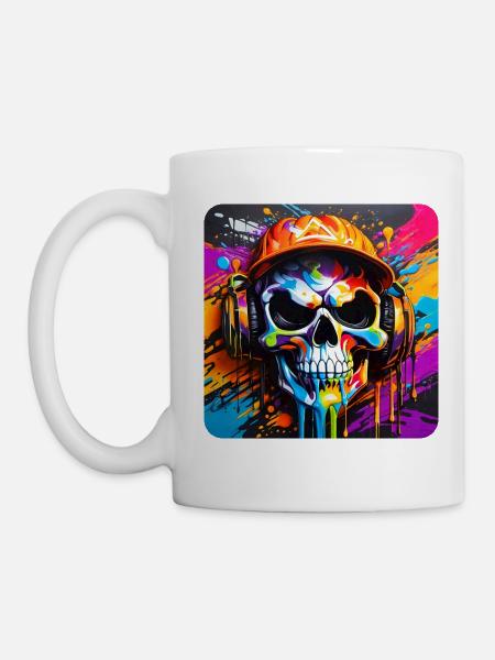 Cooler Totenkopf mit Kopfhörer Graffiti Style - Tasse - Weiß