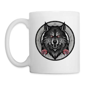 Grimmiger Wolf mit Rosen - Tasse - Weiß - Links