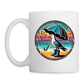 Bunte Pop Art Möwe Gummistiefel und Regenschirm - Tasse - Weiß - Links