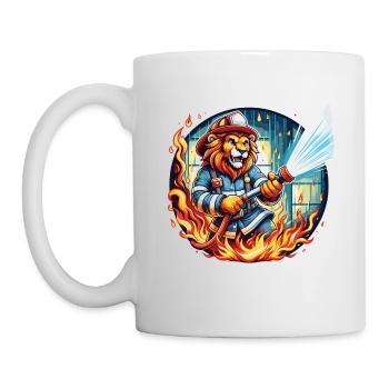 Lion, Firefighter, Firefighter, Flames, Hero - Mug - white - Left