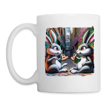 Bunnies eating pizza in graffiti backyard street art - Mug - white - Left