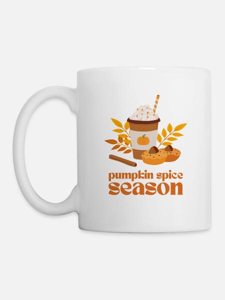 Citrouille Épices Assaisonnée de Café, Gâteau, Feuilles - Mug blanc - blanc