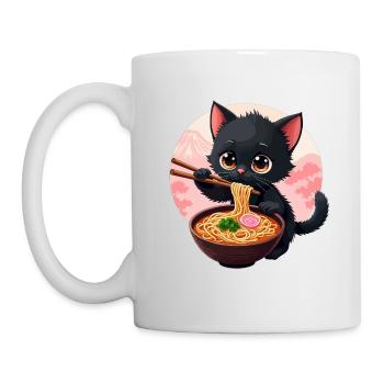 Süße japanische Katze isst Ramen Nudelsuppe - Tasse - Weiß - Links