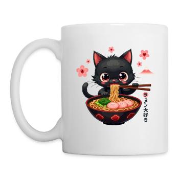 Süße japanische Katze isst Ramen Nudelsuppe - Tasse - Weiß - Links