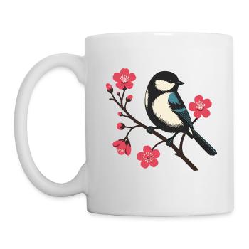 Kirschblüte mit Vogel - Frühlingsruhe Naturmotiv - Tasse - Weiß - Links