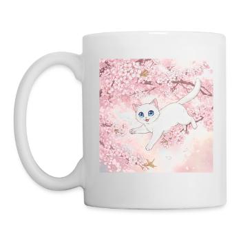 Chaton Blanc Cerisier en Fleur, Douceur et Poésie - Mug blanc - blanc - Gauche