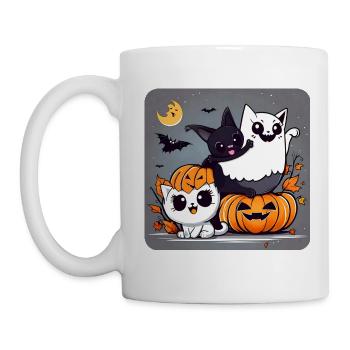 Trio fantôme Chat noir, chauve-souris et fantôme - Mug blanc - blanc - Gauche