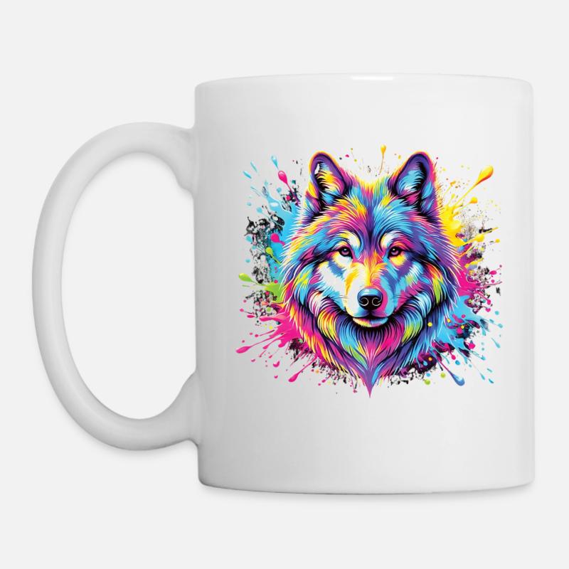 Wolf Kunst Bunt - Tier Motiv Kunstwerk Wolf - Tasse - Weiß