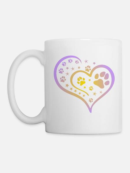 Buntes Herz mit Pfoten und Sternen - Tasse - Weiß