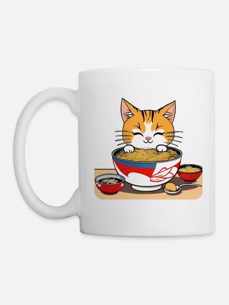 Niedliche asiatische Katze und Ramen Nudeln - Tasse - Weiß