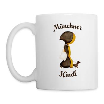 Münchner Kindl mit Dackel und Jutebeutel - Tasse - Weiß - Links
