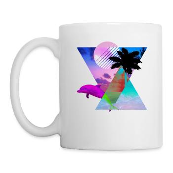 Vaporwave Dolphin 80s hypnotische Sonnenuntergangszene - Tasse - Weiß - Links