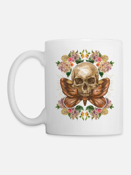 Totenkopf Schädel Skull mit Nachtfalter Hortensien - Tasse - Weiß