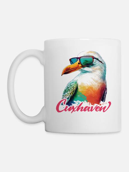 Cuxhaven Urlaub coole bunte Möwe mit Sonnenbrille - Tasse - Weiß