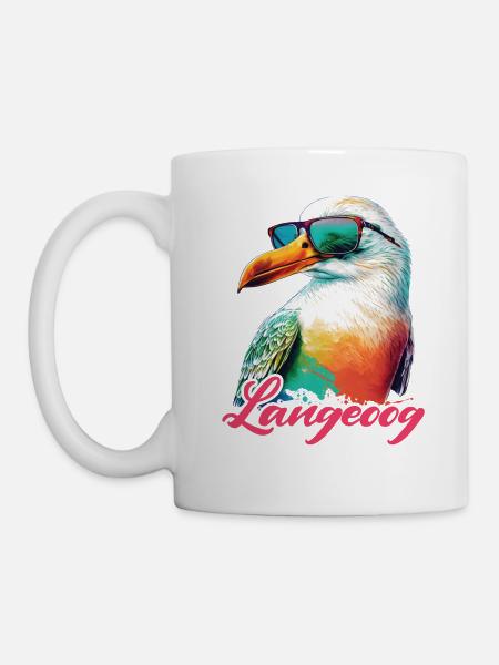 Langeoog Urlaub coole bunte Möwe mit Sonnenbrille - Tasse - Weiß