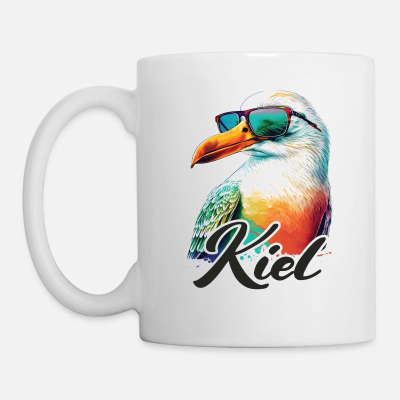 Kiel Urlaub coole bunte Möwe mit Sonnenbrille - Tasse - Weiß