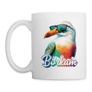 Borkum Urlaub coole bunte Möwe mit Sonnenbrille - Tasse - Weiß - Links