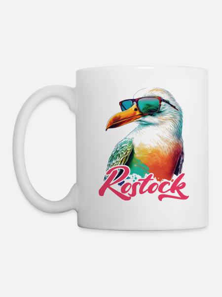 Rostock Urlaub coole bunte Möwe mit Sonnenbrille - Tasse - Weiß