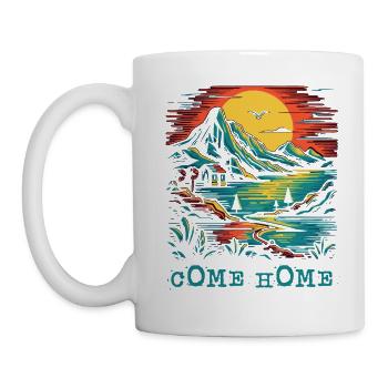Komm nach Hause: Naturszene Sonne, Vögel und Berge - Tasse - Weiß - Links