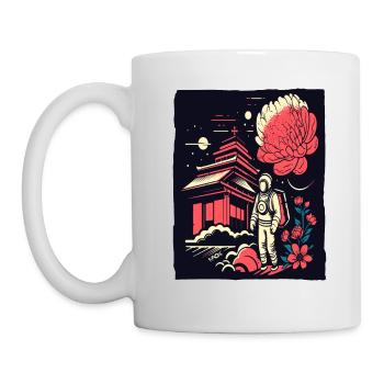 Astronaut vor japanischem Tempel mit Blumen - Tasse - Weiß - Links