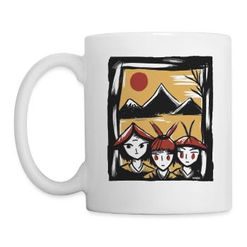 Drei niedliche Reisbauern unter japanischer Sonne - Tasse - Weiß - Links