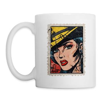 Pop-Art Frau mit Hut auf Retro-Comic Briefmarke - Tasse - Weiß - Links