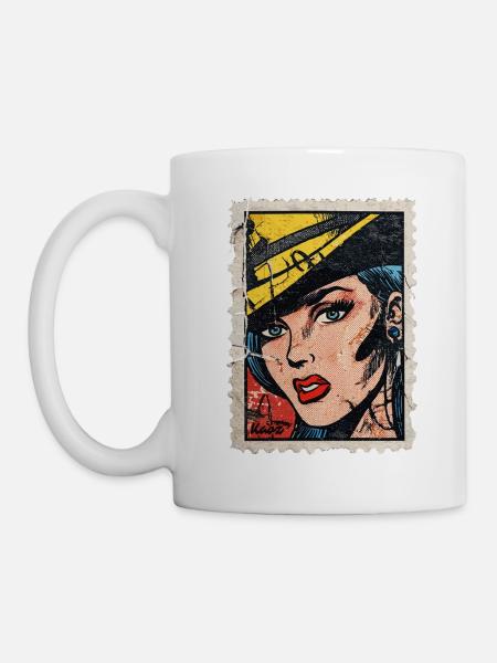 Pop Art Femme Avec Chapeau Sur Timbre-Poste Rétro BD - Mug blanc - blanc
