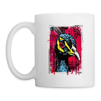 Pfau mit pinkem Blick im Streetart-Look - Tasse - Weiß - Links