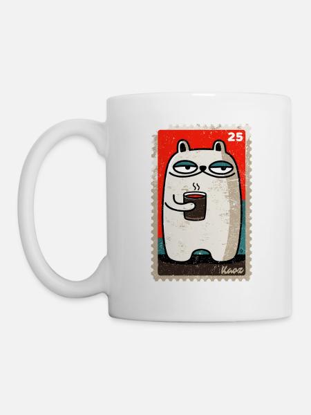 Kaffee-Katze als Comic-Briefmarke - Tasse - Weiß