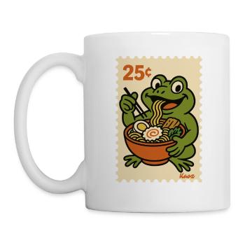 Happy frog with ramen on postage stamp - Mug - white - Left