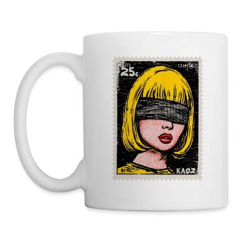 Woman with blindfold in pop art stamp - Mug - white - Left