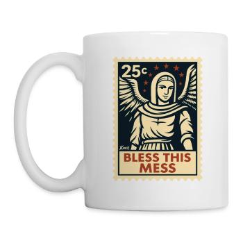 Bless This Chaos – Angel Postage Stamp - Mug - white - Left