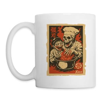 Skeleton chef with assistant and cooking pot - Mug - white - Left