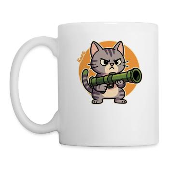 Wütende Katze mit Panzerfaust – Comic Motiv - Tasse - Weiß - Links