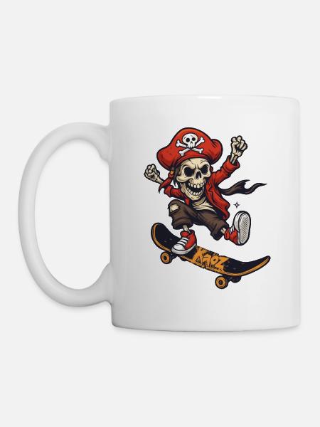 Skateboard Pirate Squelette avec chapeau rouge - Mug blanc - blanc