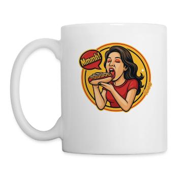 Frau genießt Hotdog Comic Pop Art Stil - Tasse - Weiß - Links