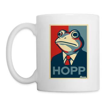 Frosch im Anzug mit Spruch Hopp Parodie - Tasse - Weiß - Links