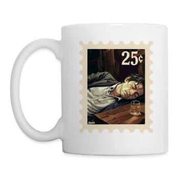 Man sleeping next to glass on table - Mug - white - Left