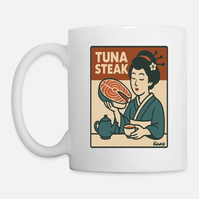 Geisha mit Thunfisch Steak Retro Japan Stil - Tasse - Weiß