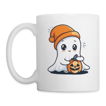 Fantôme mignon avec chapeau et citrouille à la main - Mug blanc - blanc - Gauche