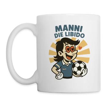Manni schaut verliebt und hält einen Fußball - Tasse - Weiß - Links