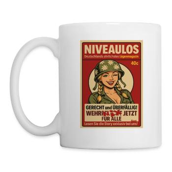Comicfrau mit Helm im Magazin-Stil - Tasse - Weiß - Links