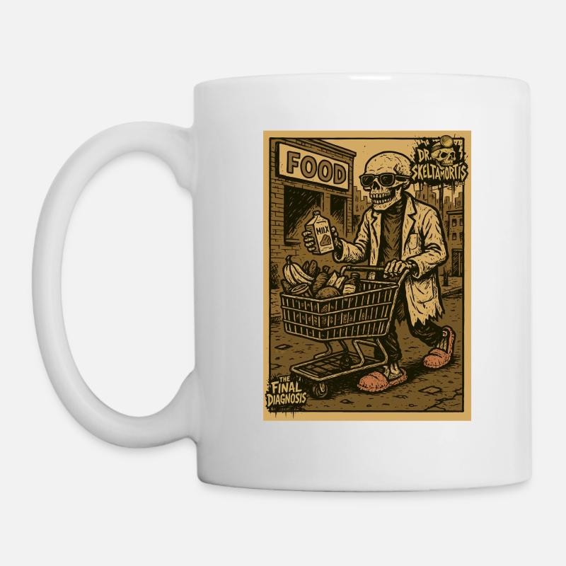 Skelett mit Einkaufswagen und Getränk - Tasse - Weiß