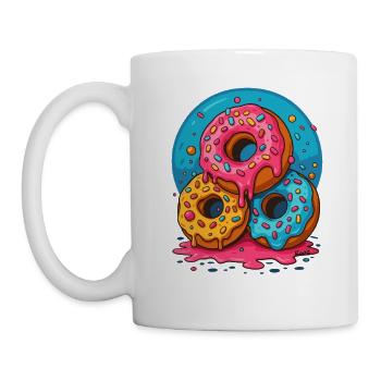 Drei bunte Donuts mit Glasur und Streuseln - Tasse - Weiß - Links