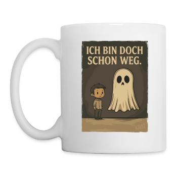 Junge mit Geist und Text „Ich bin doch schon weg“ - Tasse - Weiß - Links