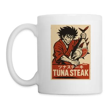Mann im Kimono mit Thunfisch und Schriftzug „Tuna - Tasse - Weiß - Links