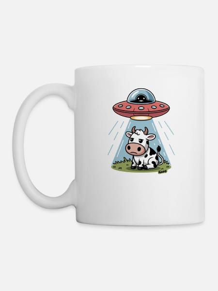 Kuh mit UFO und Lichtstrahl Alien Entführung - Tasse - Weiß