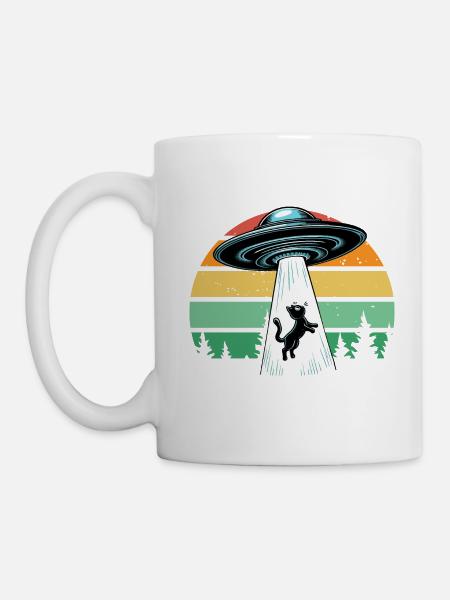 Katze Ufo Weltraum Raumschiff Retro Beamen Lustig - Tasse - Weiß