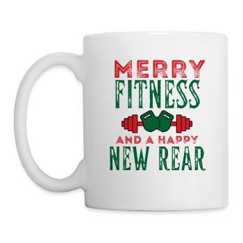 Fröhliche Fitness und ein glücklicher neuer hinterer Spaßurlaub - Tasse - Weiß - Links